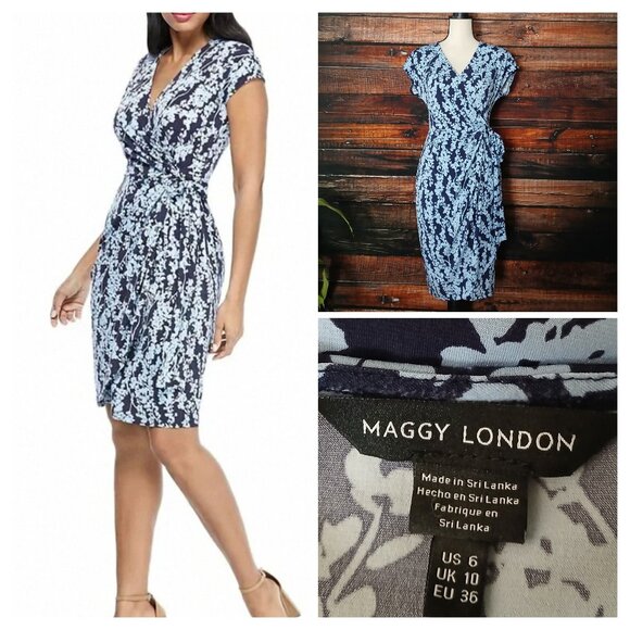 Maggy London Wrap Dress Size 6 Blue Floral Tie Waist Cap Sleeve Stretch - Picture 1 of 9